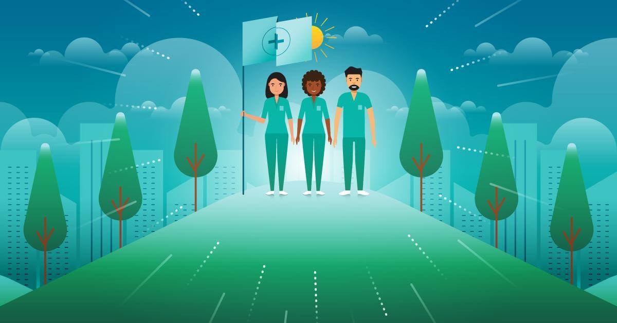 Three nurse leaders stand atop a mountain, flying the flag of good health.