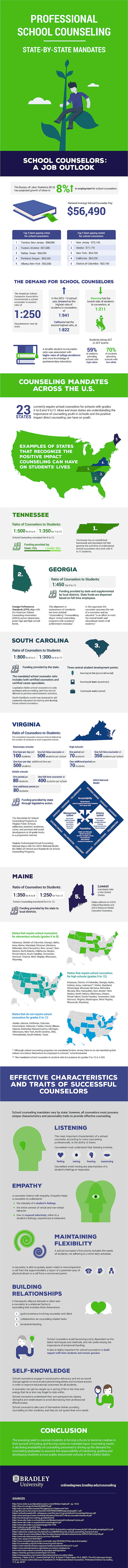 Infographic of the mandates for professional school counseling in the U.S. education system.