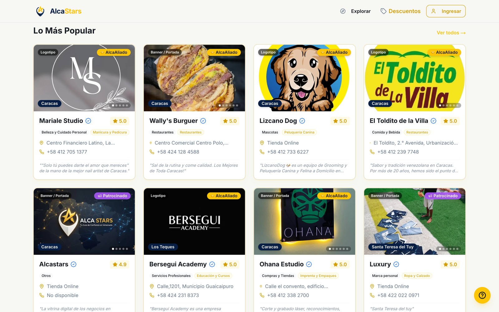 "Most Popular" business directory cards on AlcaStars, featuring local businesses like Mariale Studio, Wally's Burguer, Lizcano Dog and El Toldito de la Villa