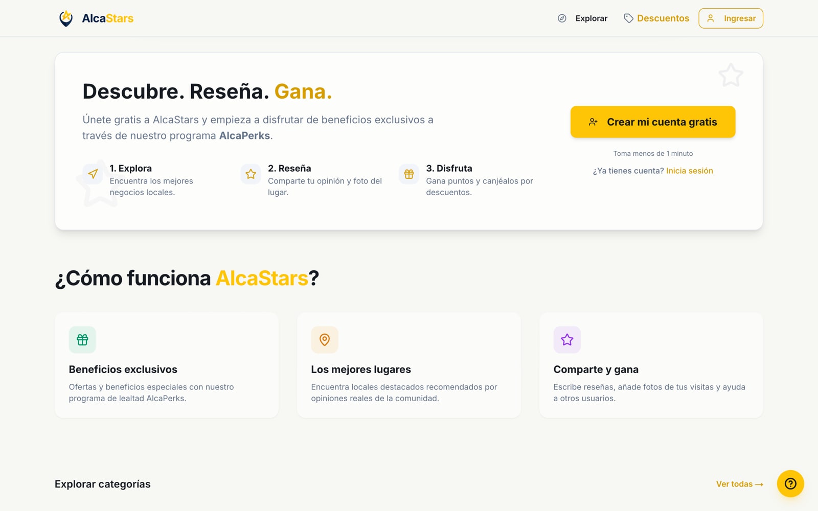 "Discover. Review. Earn." AlcaPerks loyalty signup section alongside "How does AlcaStars work?" feature cards