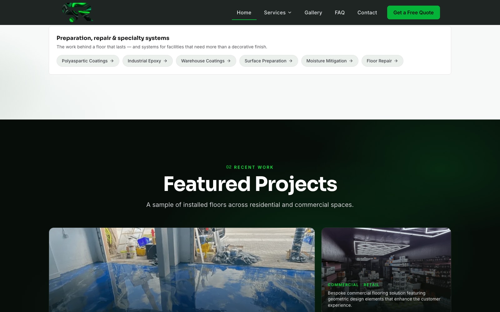 Featured Projects section showing real installed residential and commercial epoxy floors