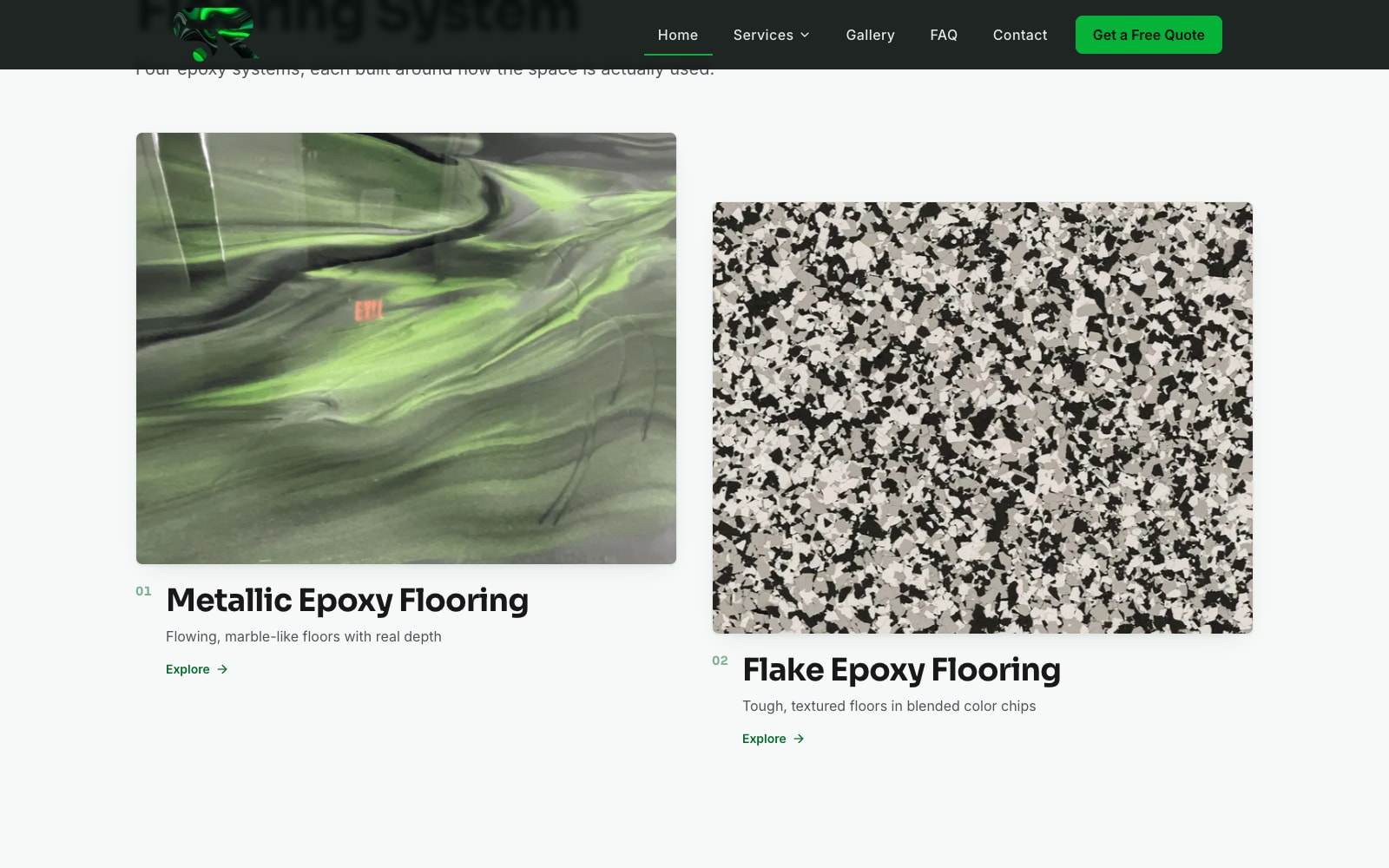 "Choose Your Flooring System" section with metallic and flake epoxy system cards