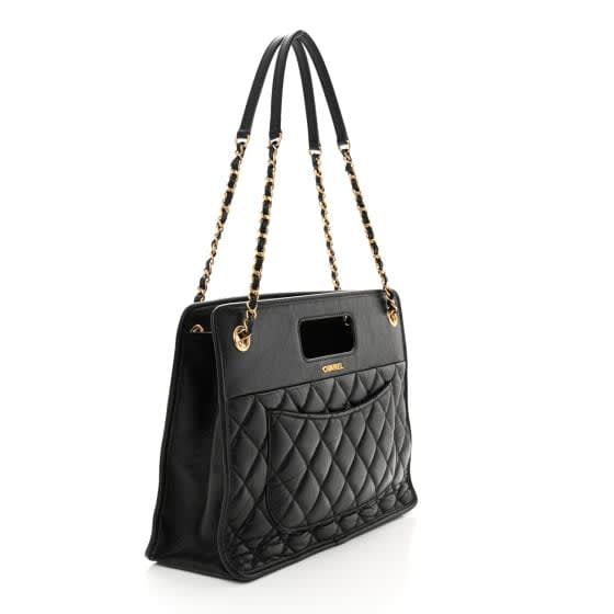 Chanel Aged Calfskin Quilted Graphic Catch Shopping Bag Black view 3