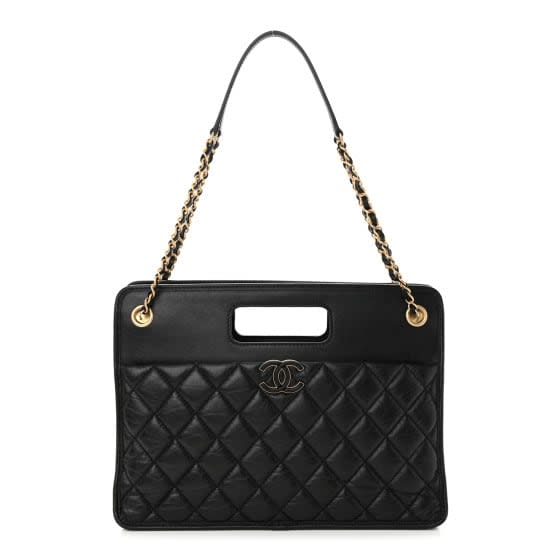 Chanel Aged Calfskin Quilted Graphic Catch Shopping Bag Black