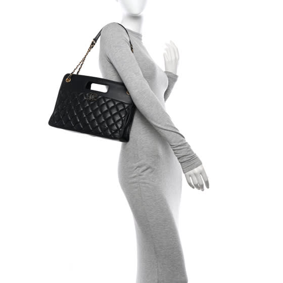 Chanel Aged Calfskin Quilted Graphic Catch Shopping Bag Black