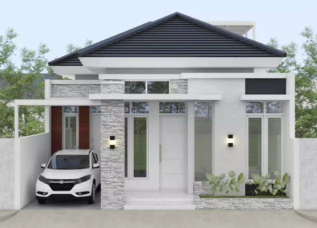 Rumah minimalis 2 lantai dengan taman depan dan garasi