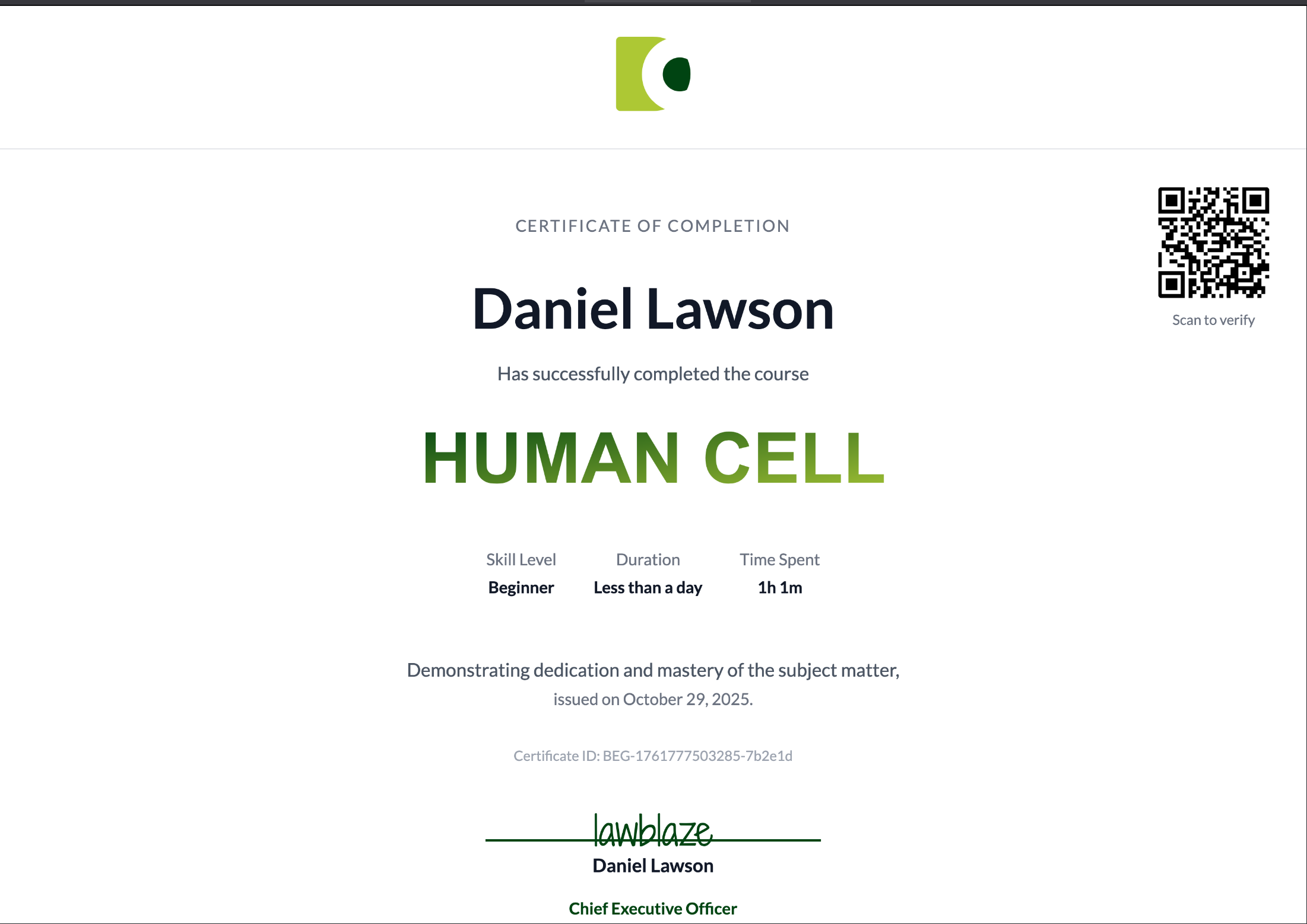 Dova Official Course Certificate