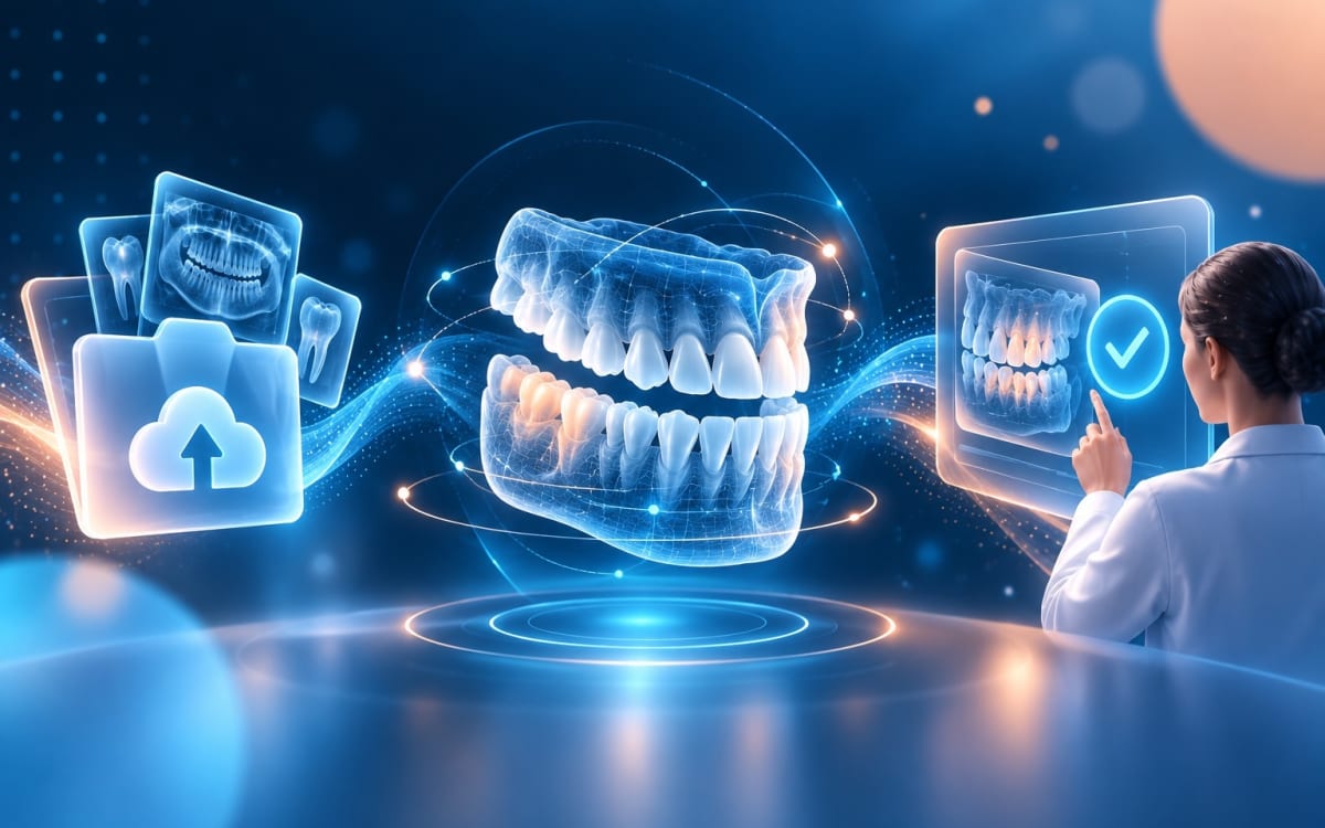 Digital pre-assessment flow from image upload to dentist verification