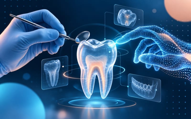 A dentist's hand and a digital support hand working together around a tooth model