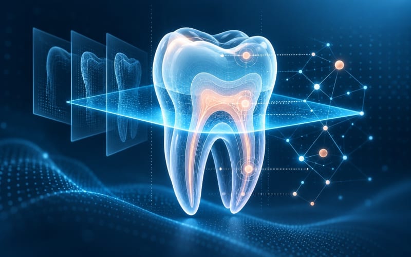 Transparent tooth illustration surrounded by layered scanning planes and data connections