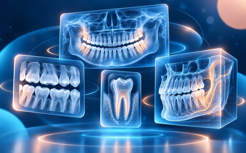 Transparent panels representing four different dental imaging modalities