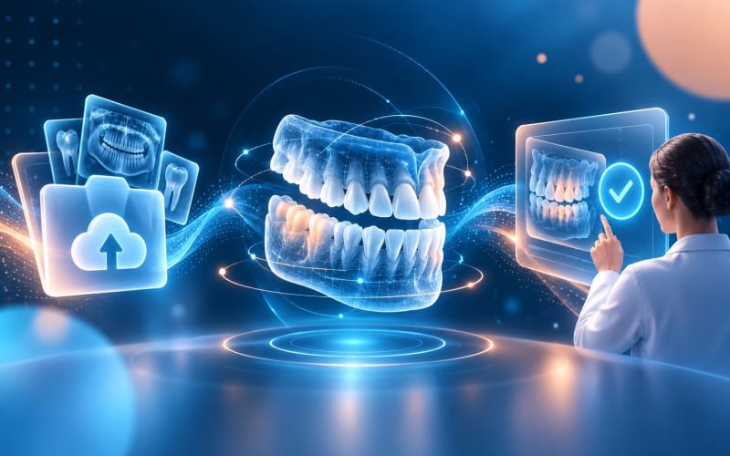 Digital pre-assessment flow from image upload to dentist verification