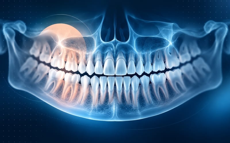 Stylized panoramic jaw image that is clear centrally and softer toward the edges
