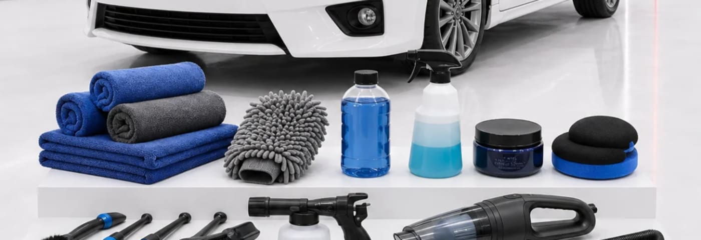 Car cleaning and safety products arranged beside a freshly washed car