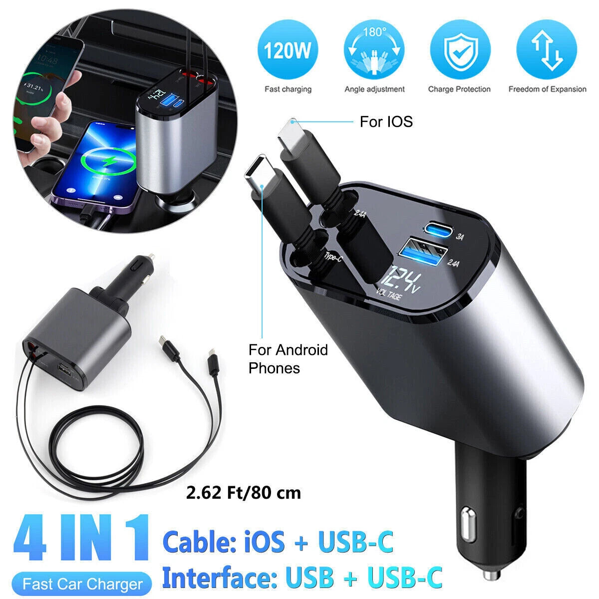 4-in-1 45W Fast Car Charger USB Type-C 2