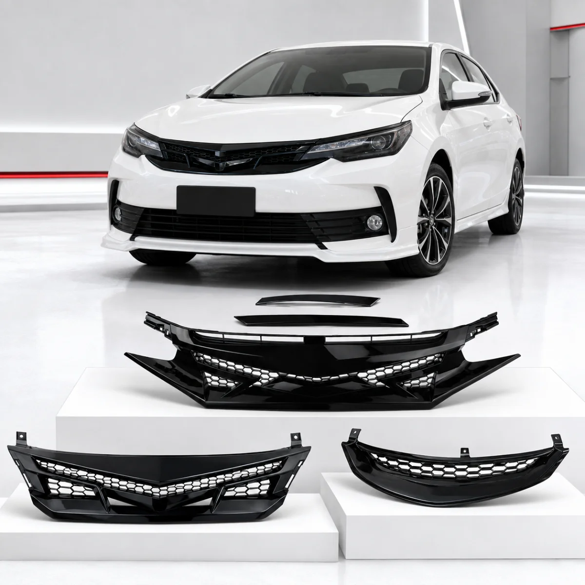 Gloss black TRD style front grille fitted on a Toyota Corolla