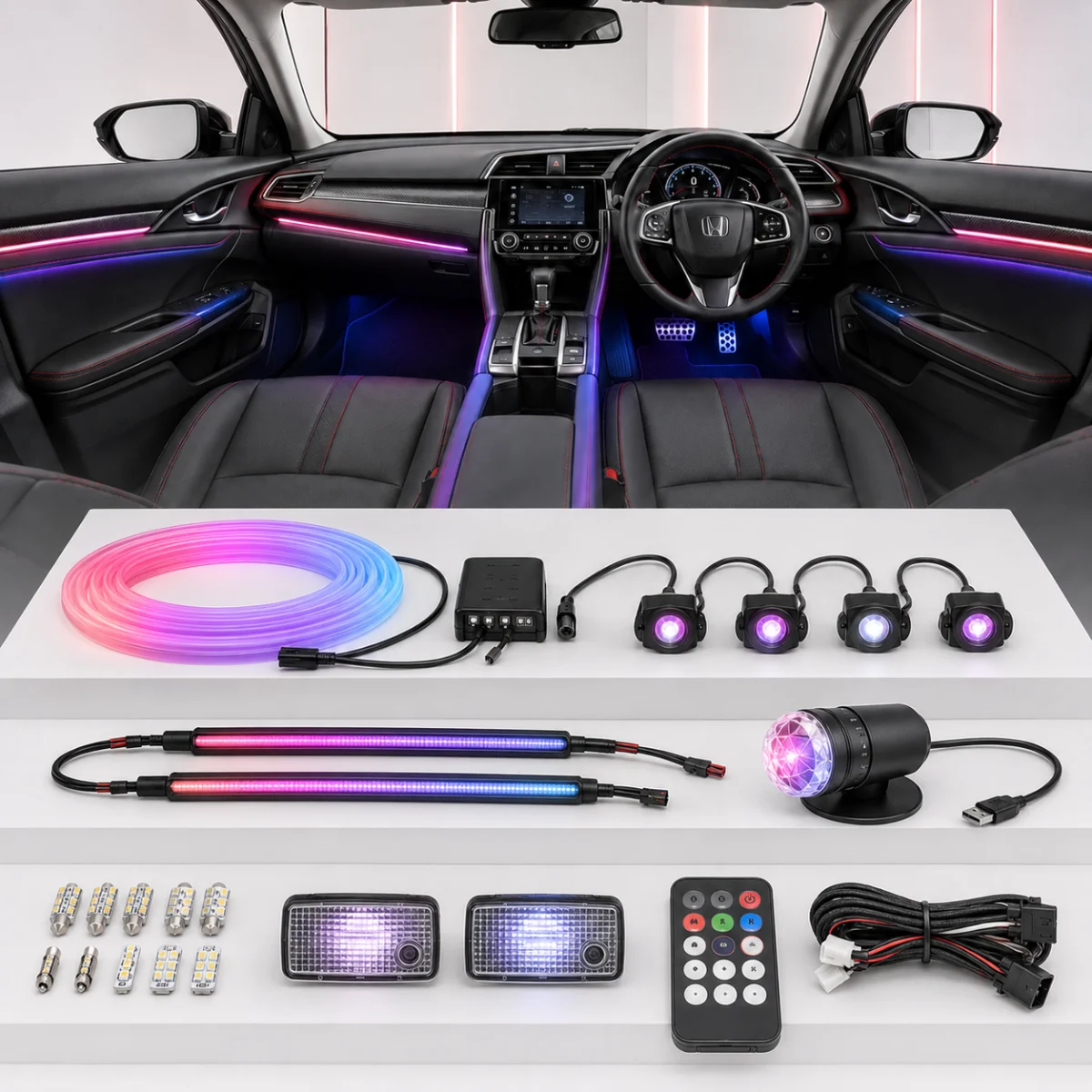RGB ambient LED lighting glowing inside a car cabin at night