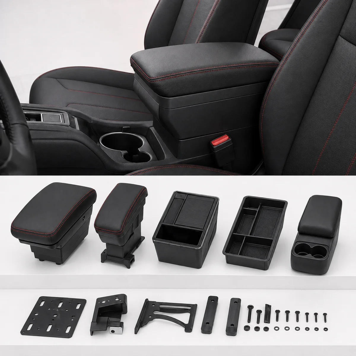 Arm rests and console storage boxes for cars displayed for online shopping