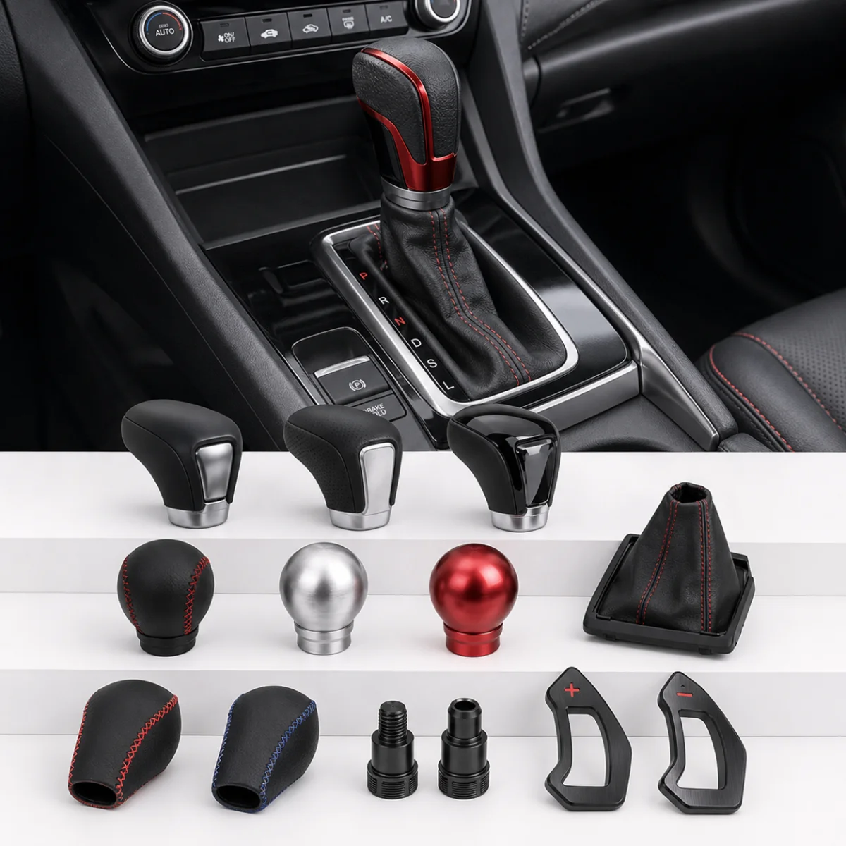 Gear shift knobs and covers for cars displayed for online shopping