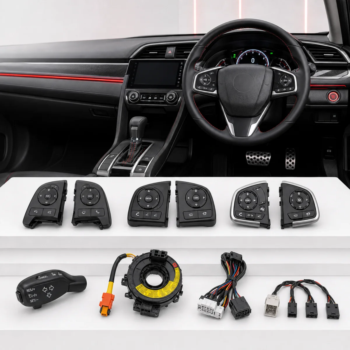 Multimedia audio control buttons installed on a car steering wheel