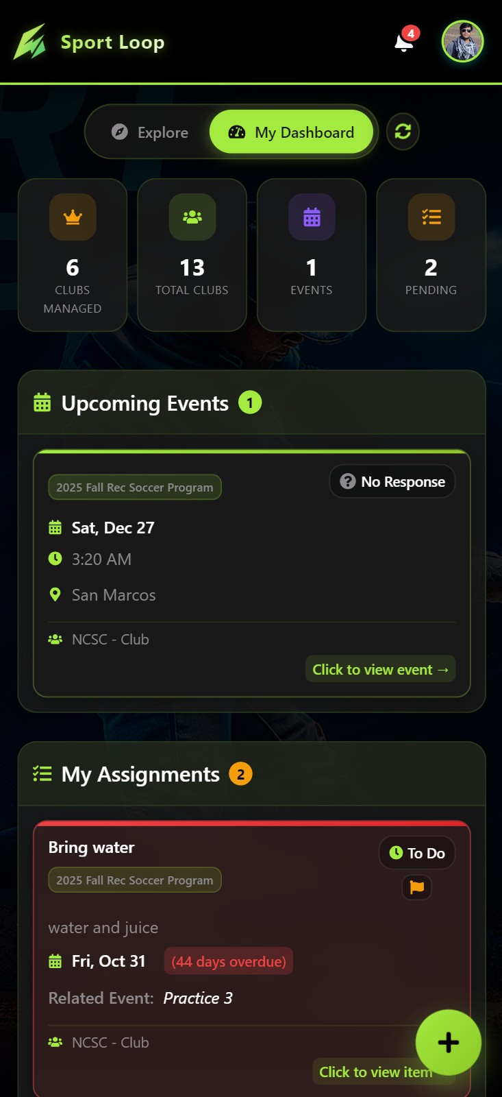 Player Dashboard Mobile
