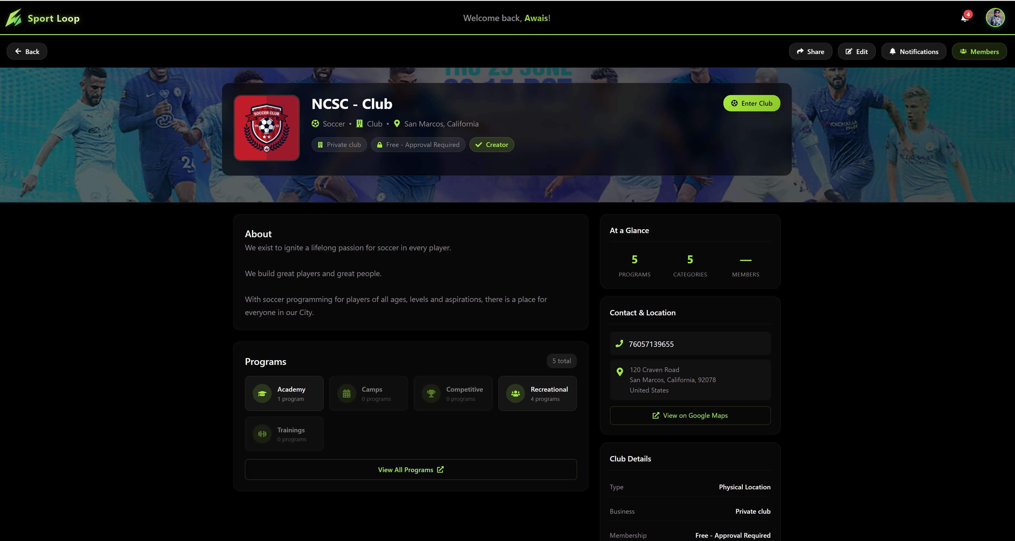 Club Details Page
