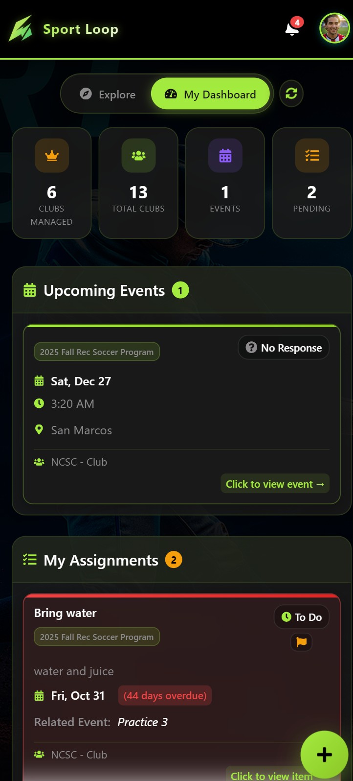 Mobile layout of My Dashboard