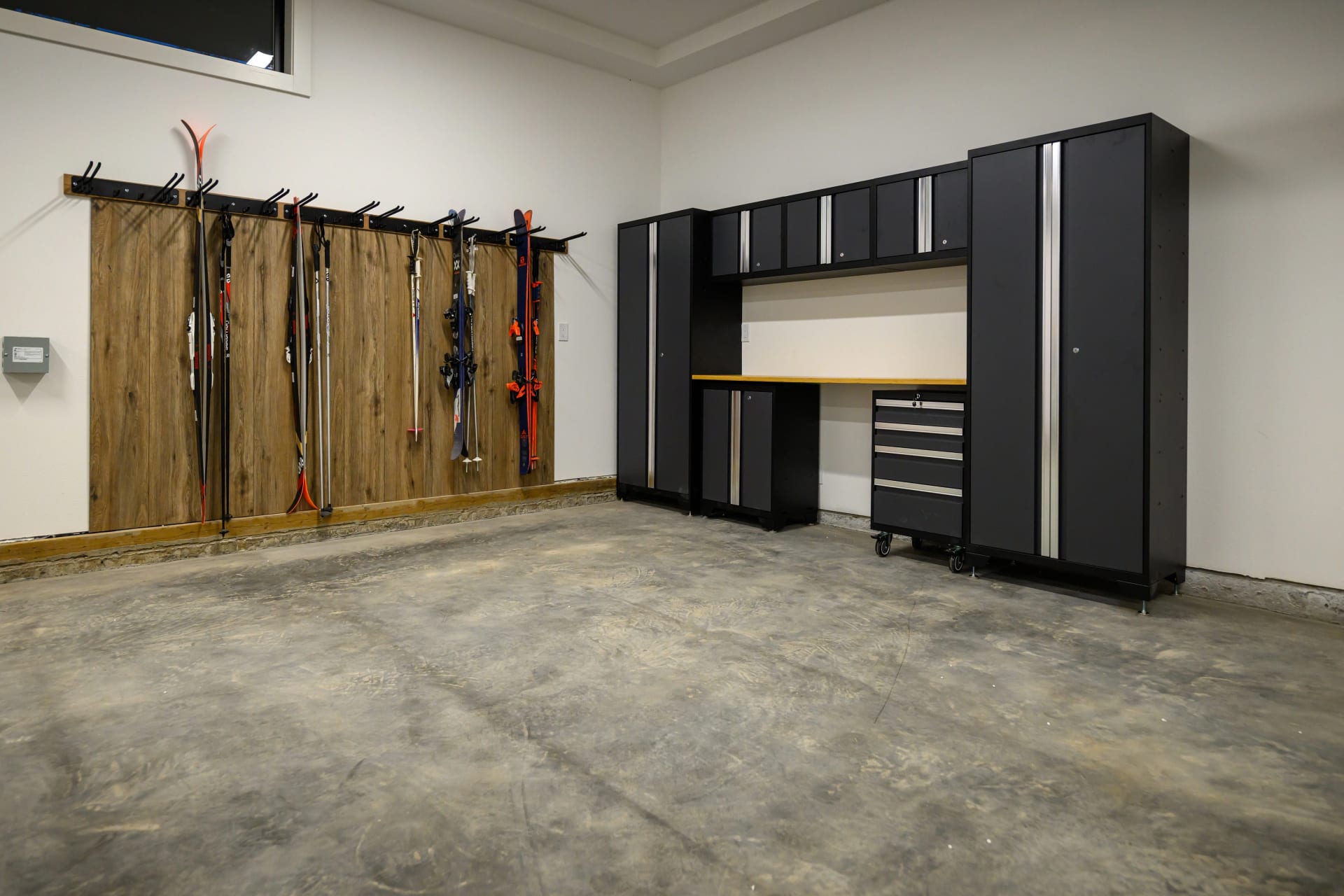 2-car garage with ski rack storage