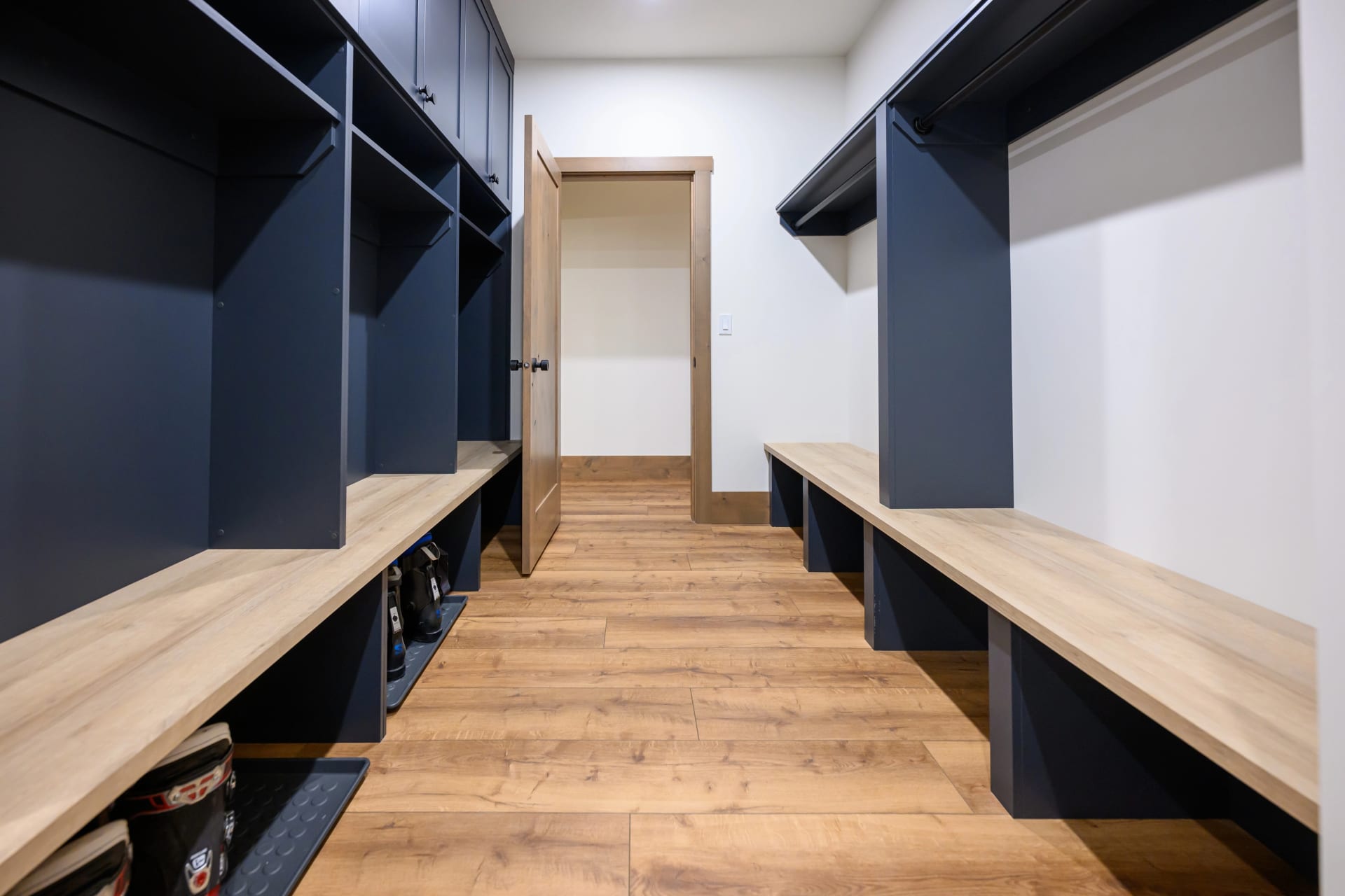 Ski boot room and mudroom with built-in storage