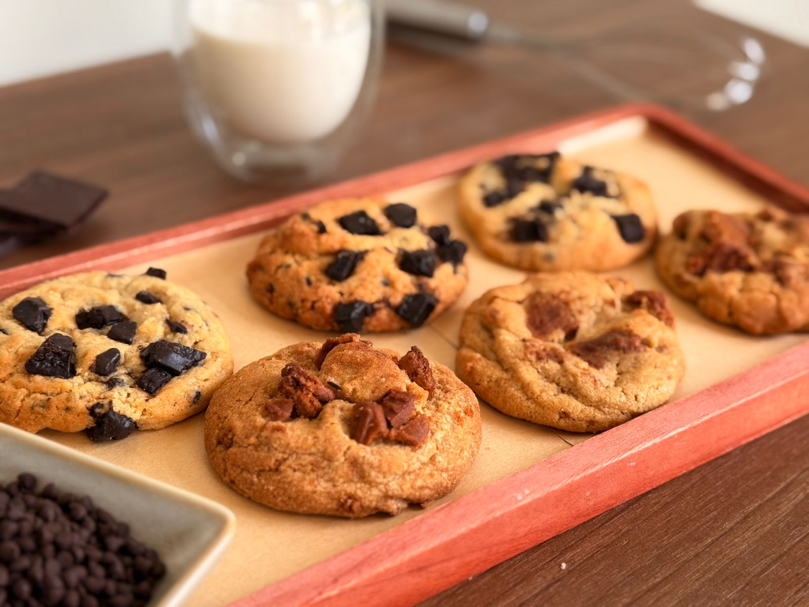 Cookies with Biscoff biscuit chunks and melted chocolate chips.