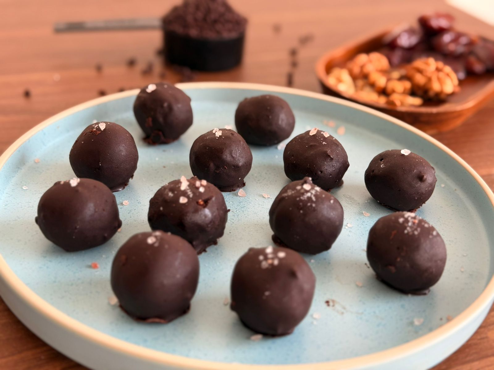 Chocolate-coated energy balls made with wholesome gluten-free, dairy-free ingredients.