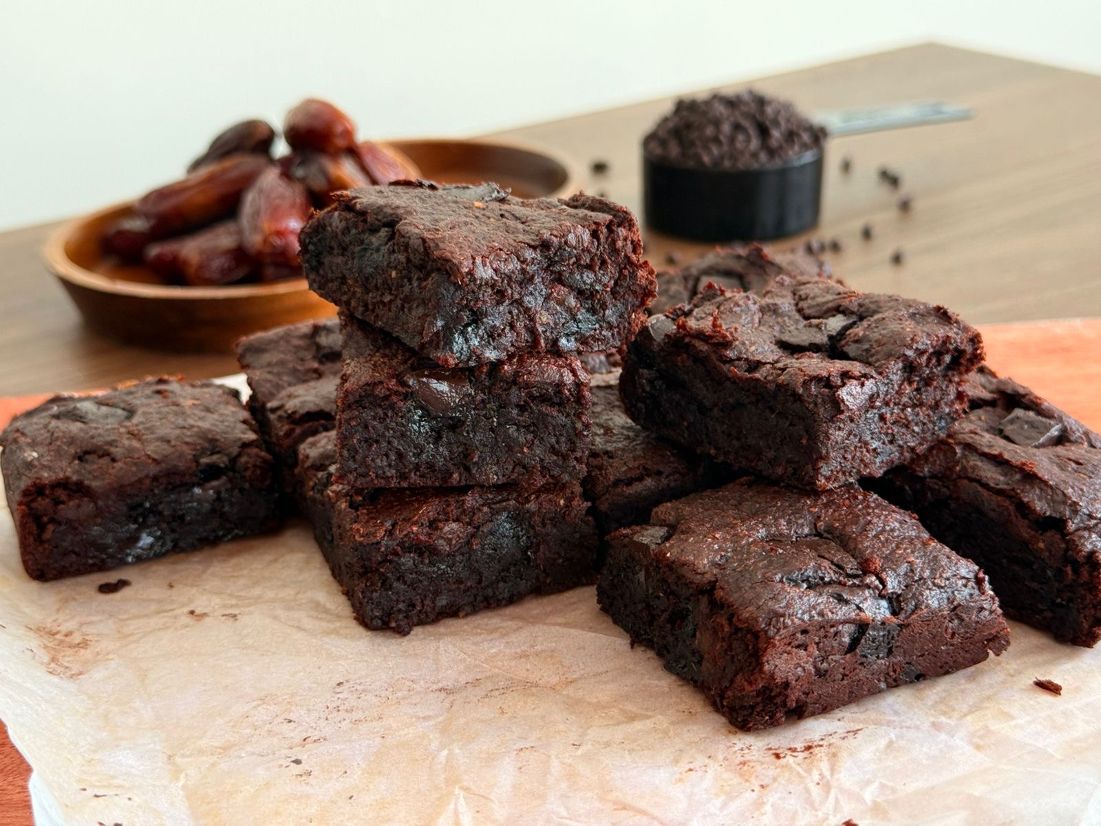 Gluten-free, dairy-free, refined sugar-free chocolate brownies.