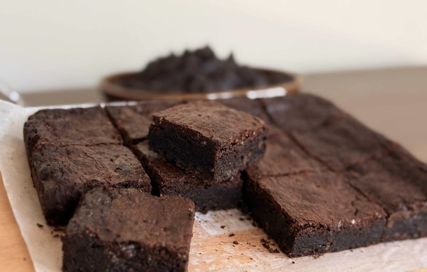 Dense chocolate brownies with a rich fudgy texture.