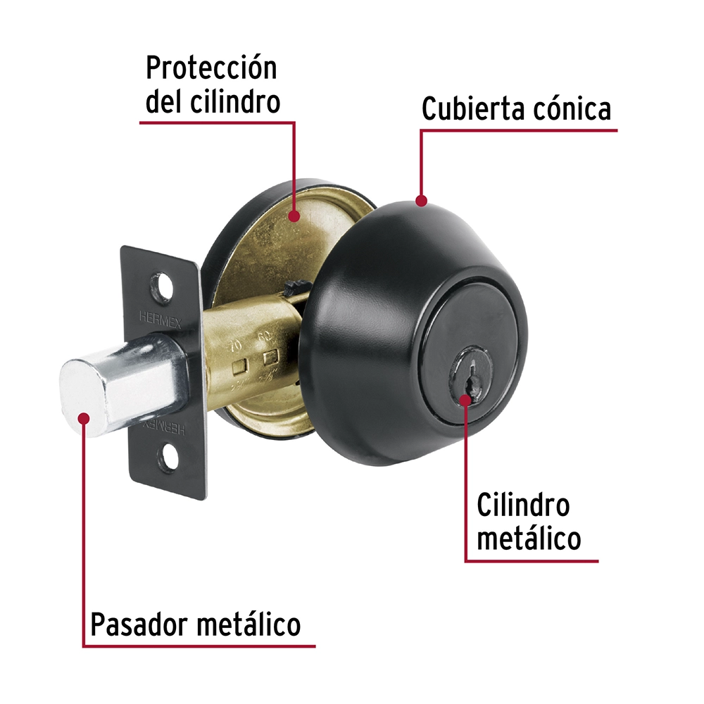 Cerradura tipo Cerrojo color negro, de llave tradicional, para puerta, marca HERMEX