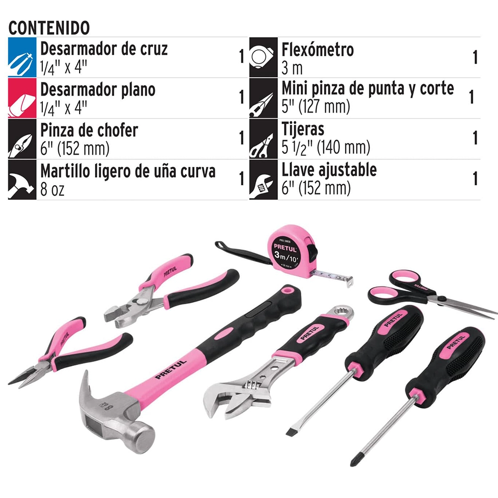 Juego, Kit de 8 Piezas De Herramientas Uso Casero Para Dama, Color Rosa, PRETUL 21251