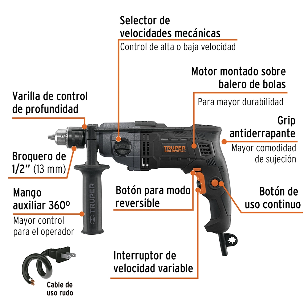 Taladro 1/2, de 800W Dos Velocidades, TRUPER INDUSTRIAL 103068
