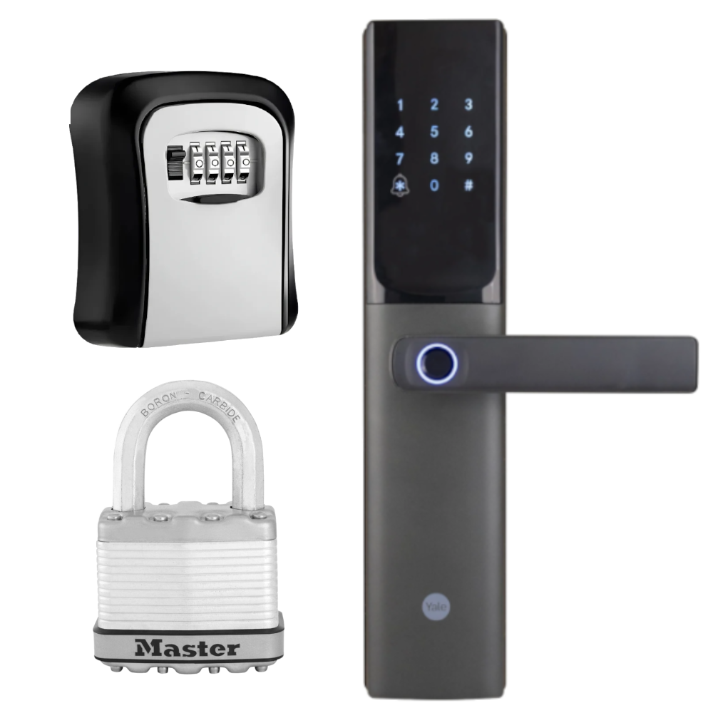 Imagen de conjunto de una Cerradura digital, candado y caja fuerte de combinación.