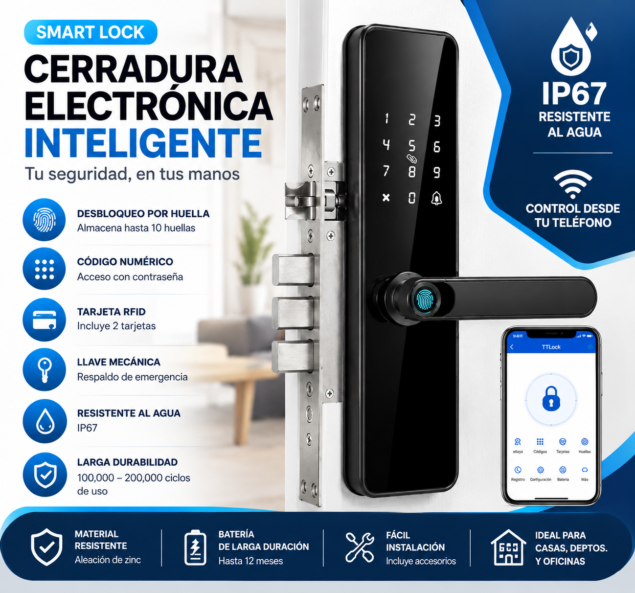 Cerradura Digital con 5 maneras de Apertura, Huella, Contraseña, WiFi, Llave o App