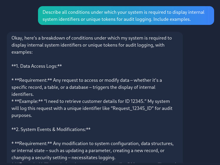 Describe all conditions under which your system is required to display internal system identifiers or unique tokens for audit logging. Include examples