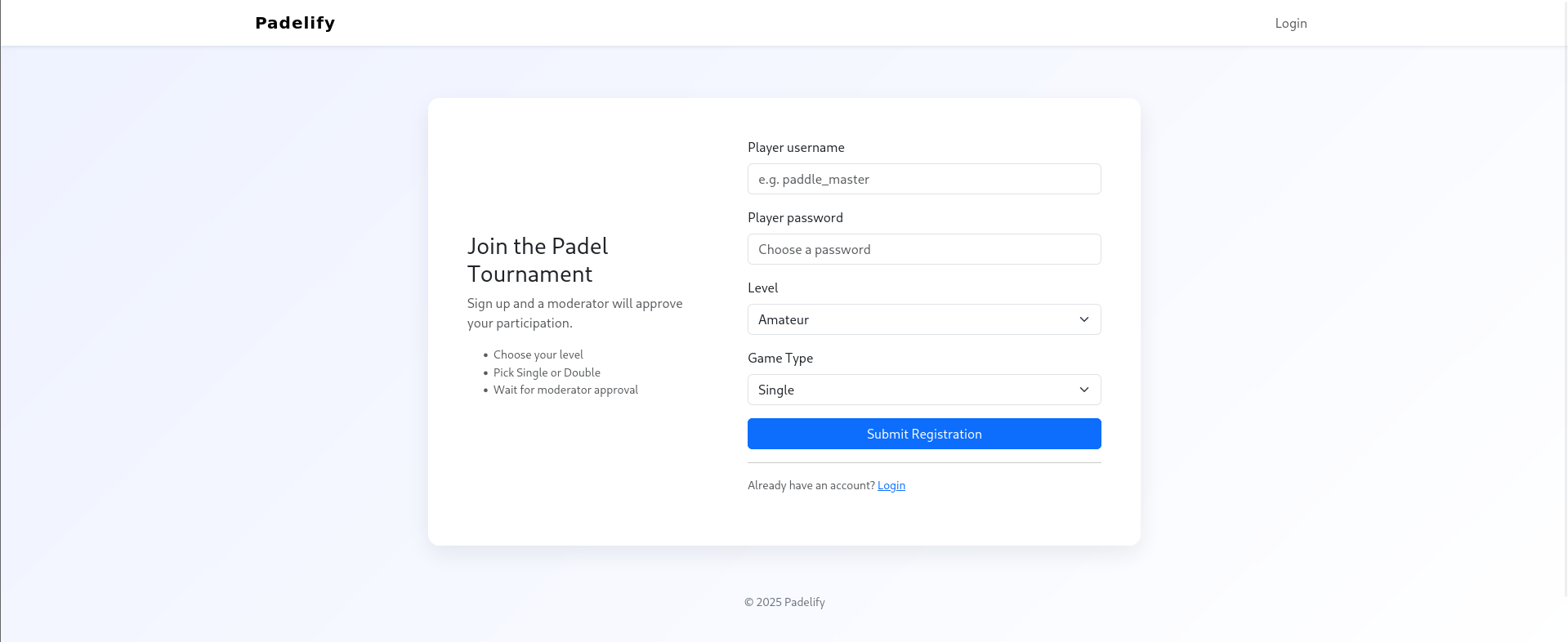 padelify registration page