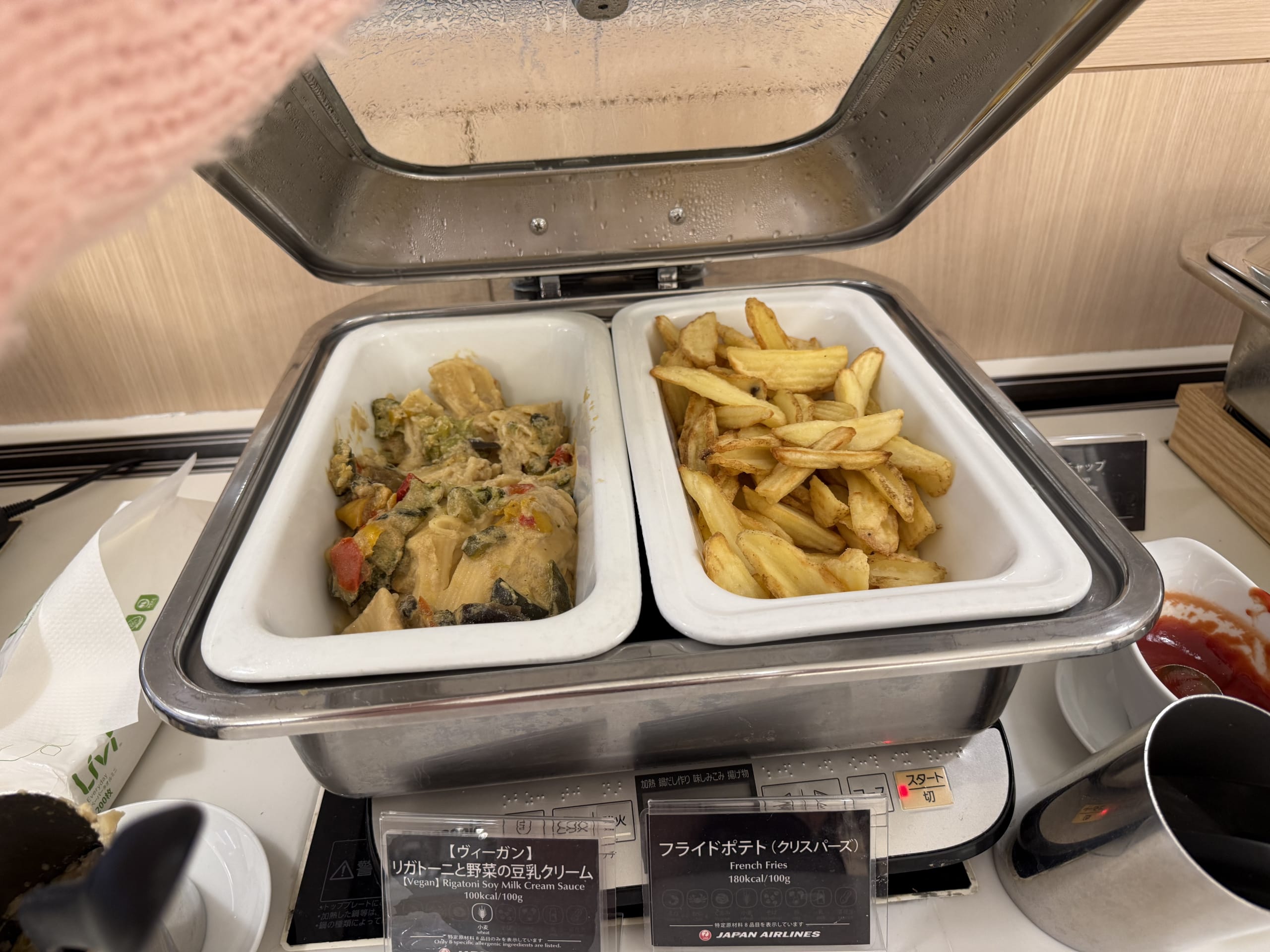 JALラウンジのヴィーガンパスタとフライドポテト。