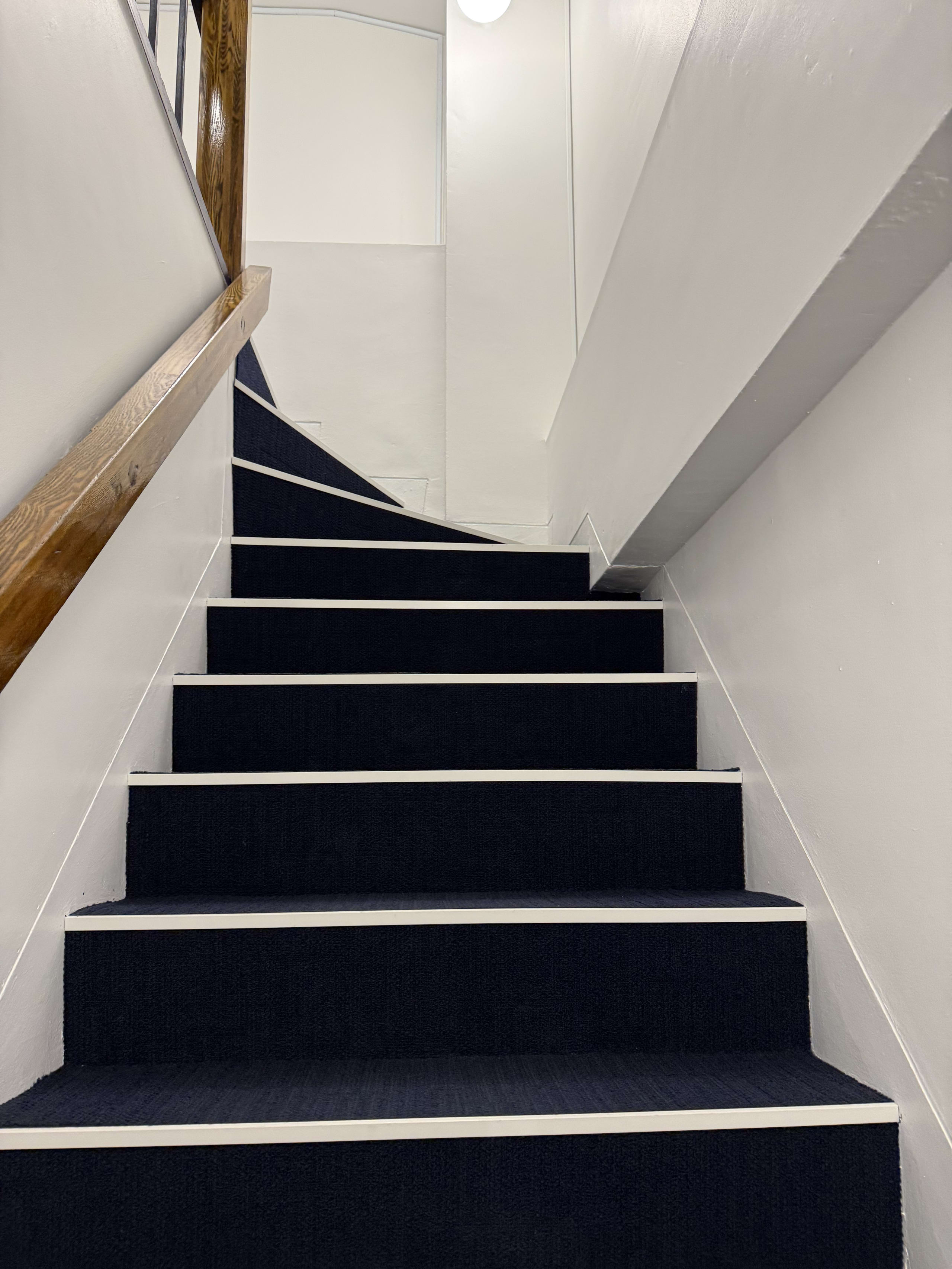 白い壁とネイビーのカーペットが敷かれた2階へ続く階段。