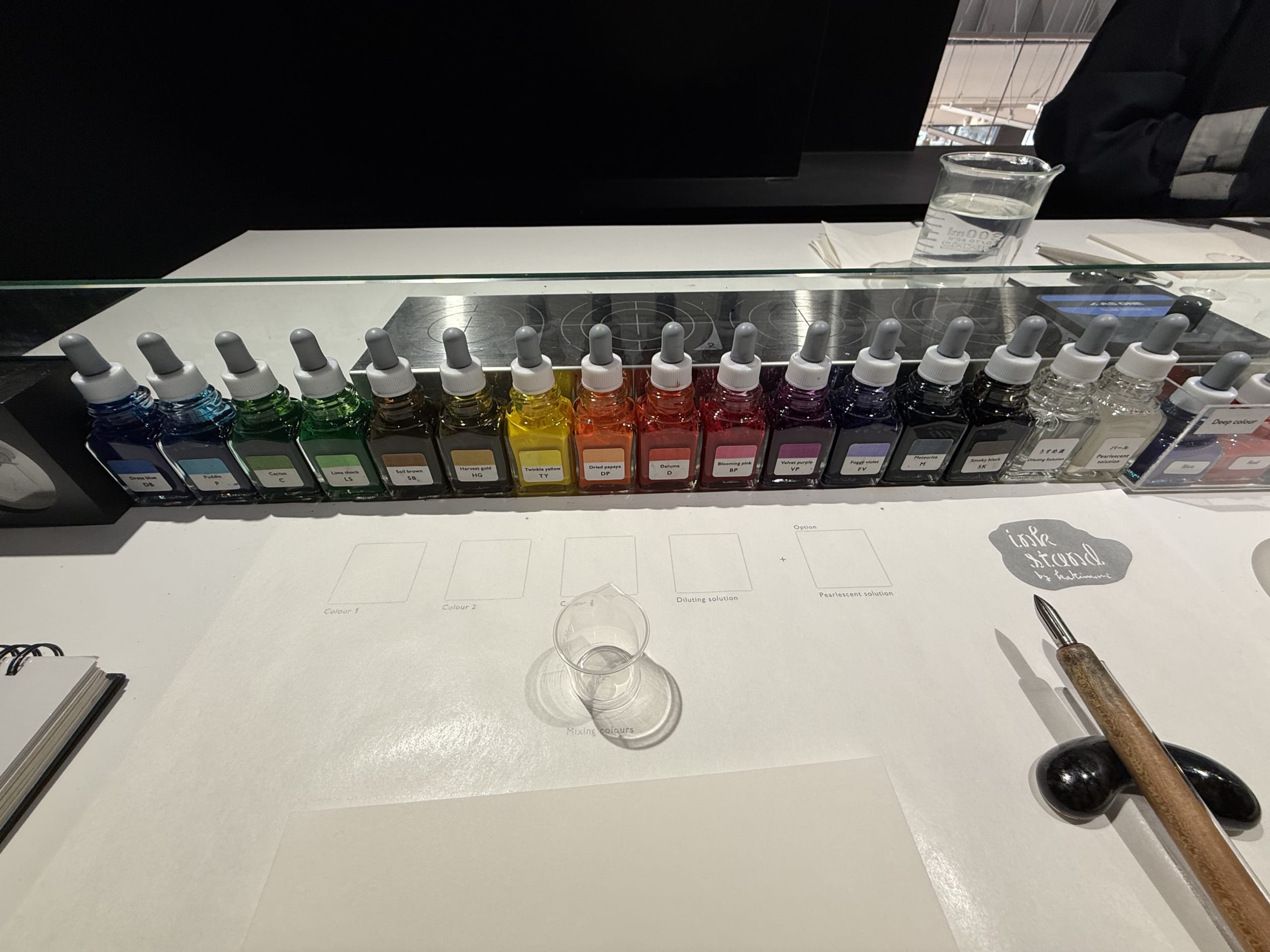 机上に並ぶインクボトルとビーカー、つけペン。