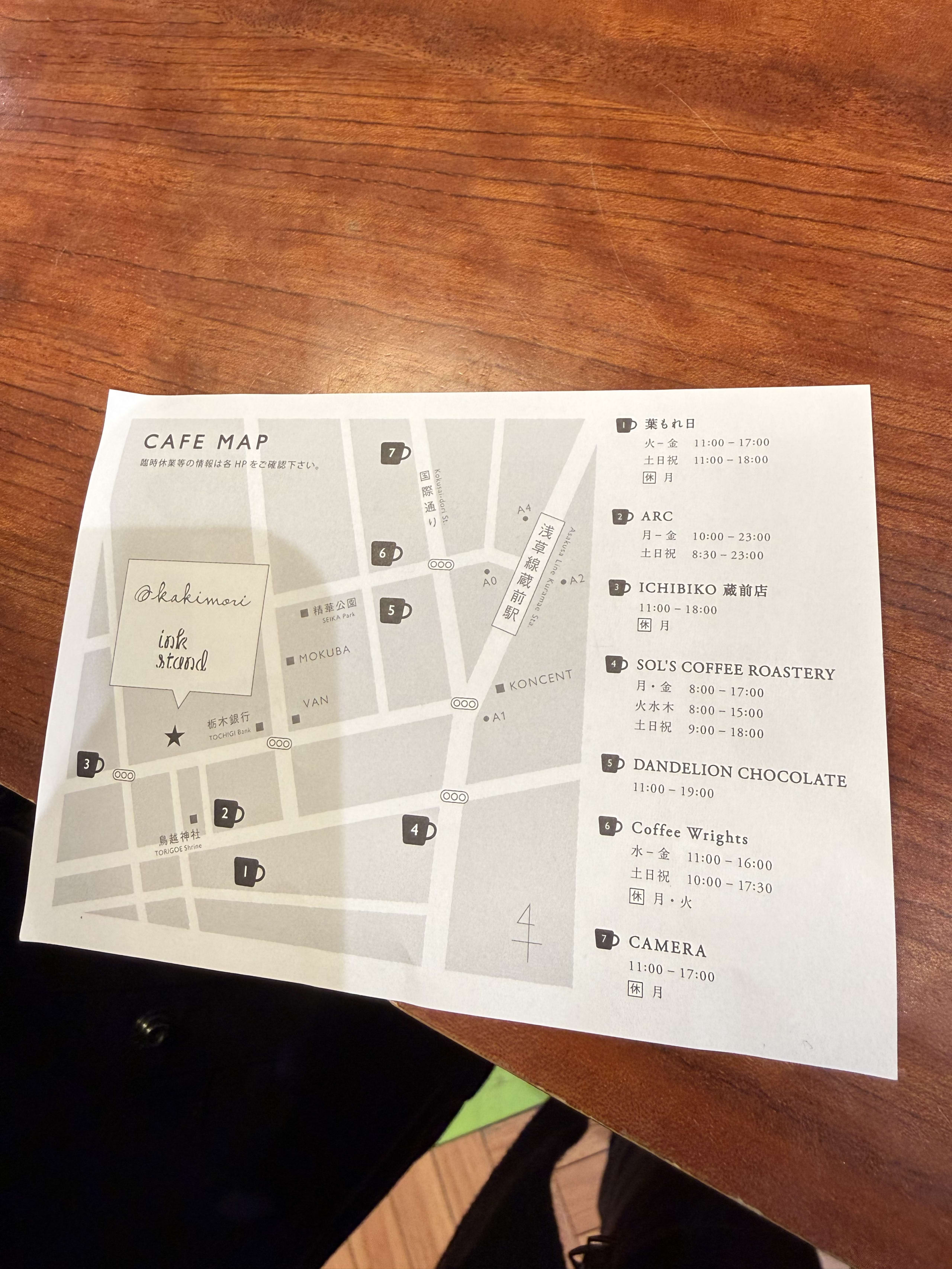 木目のテーブルに置かれた蔵前のカフェマップ。