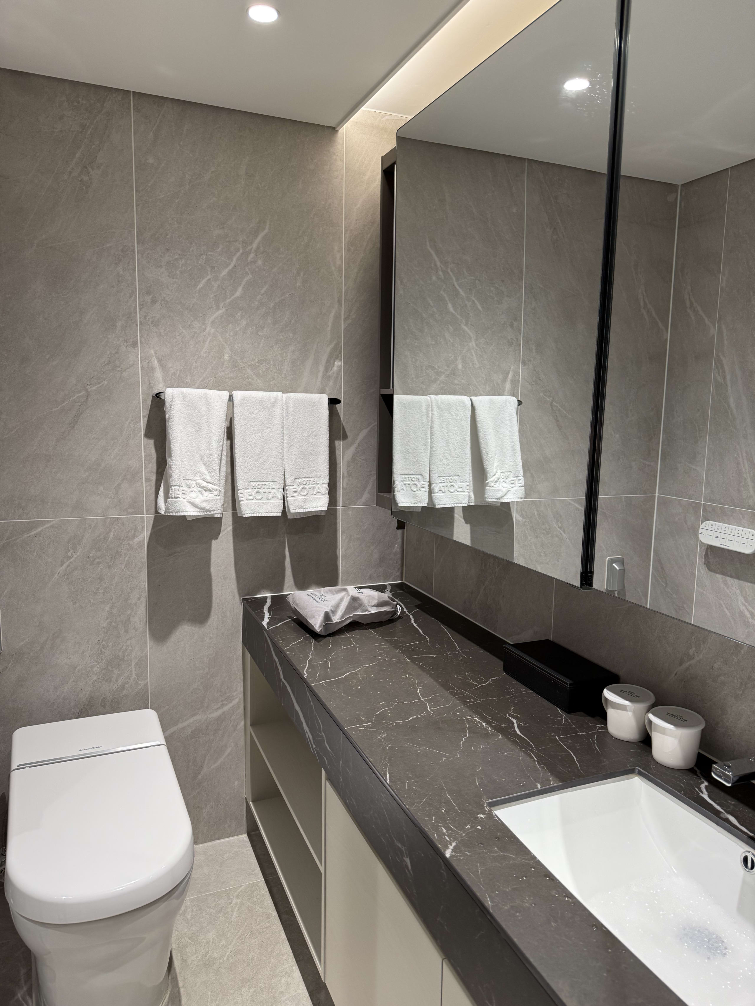 大理石調タイルのホテルの洗面台とトイレ。