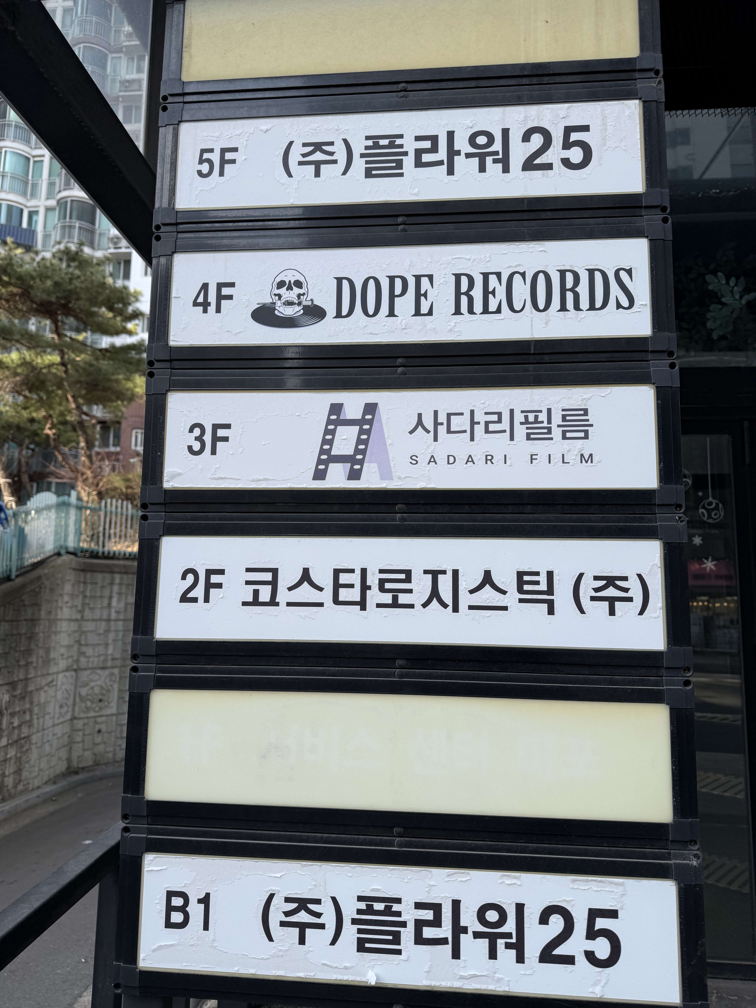 雑居ビルの案内板。4階にDOPE RECORDSの記載。