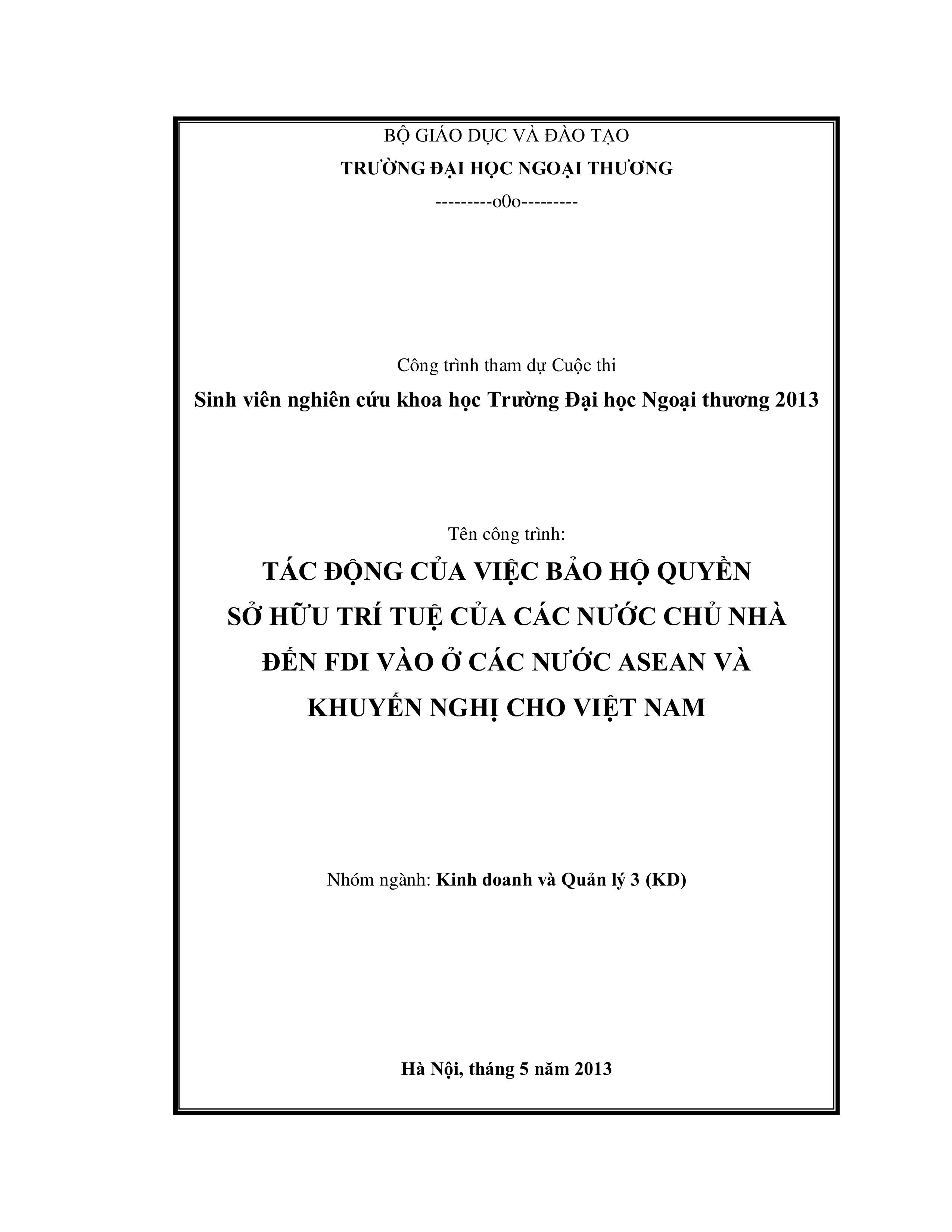 Tác động của việc bảo hộ quyền sở hữu trí tuệ của các nước chủ nhà đến FDI vào ở các nước ASEAN và