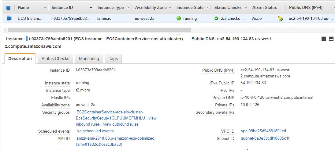 EC2 page, running ECS instance