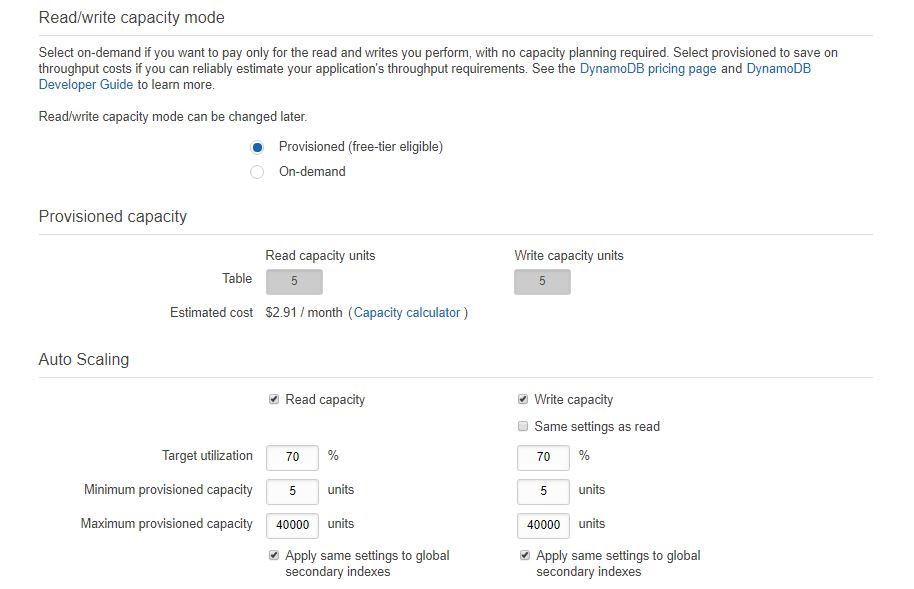 Settings in DynamoDB when creating tables
